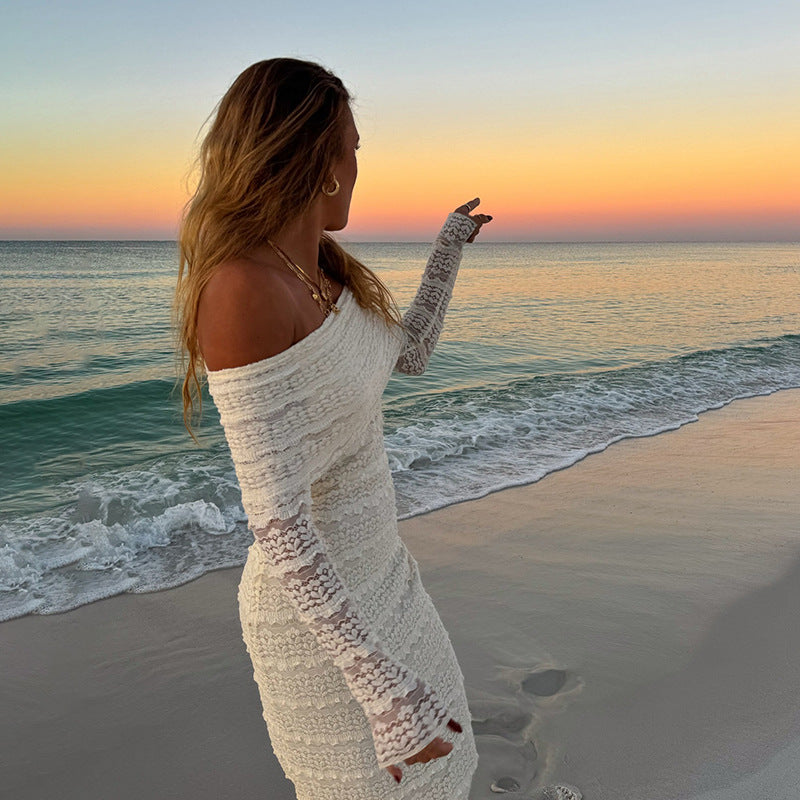 New Fashionable Elegant Socialite Style Off-shoulder Lace Dress Women