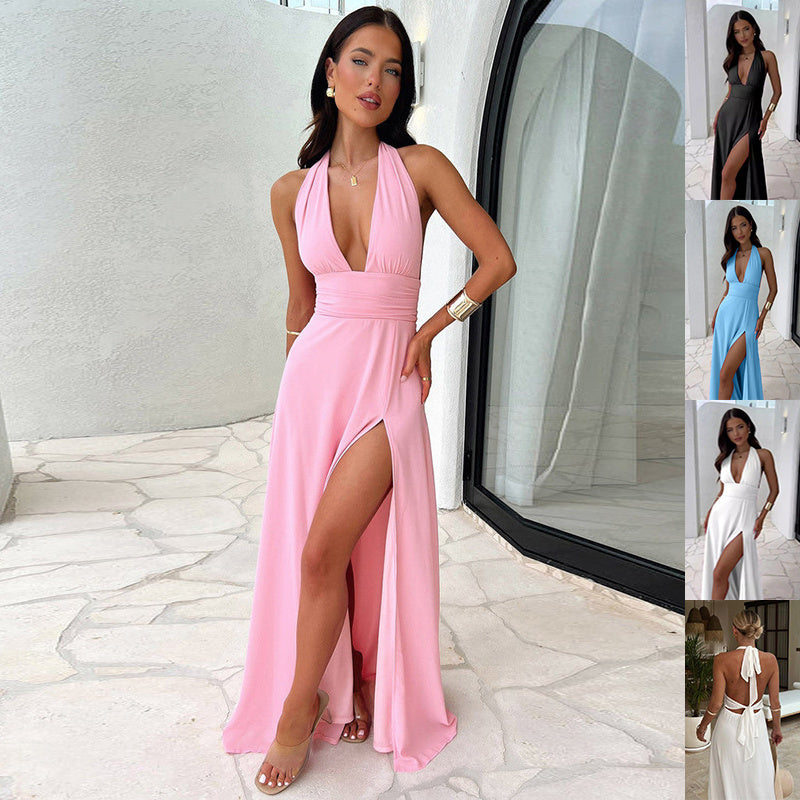 Halterneck V-neck Slit Dress Summer