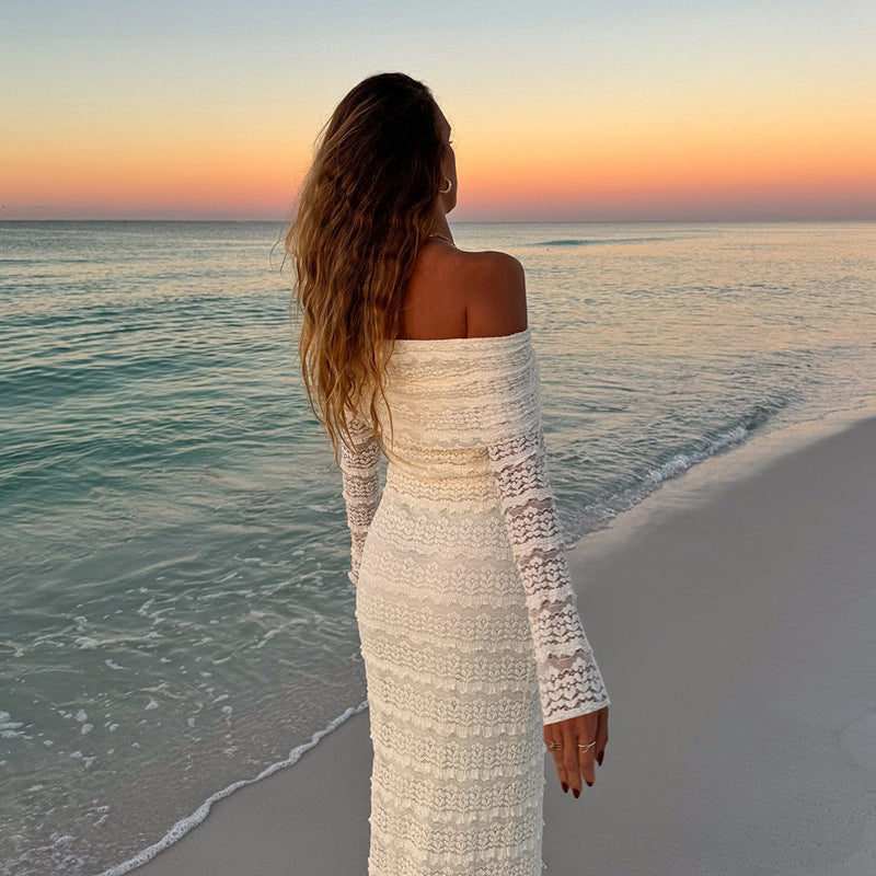 New Fashionable Elegant Socialite Style Off-shoulder Lace Dress Women