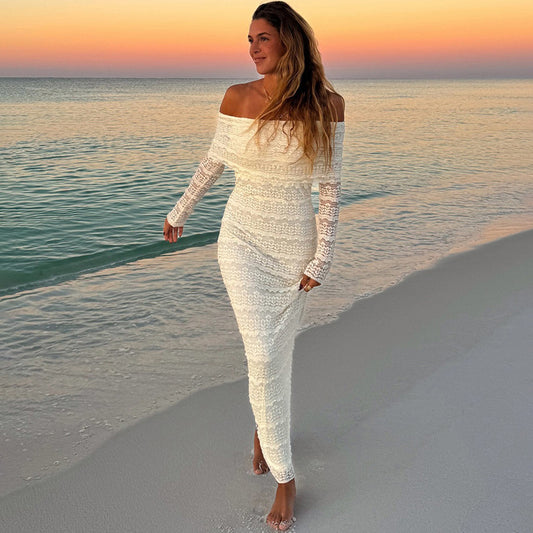 New Fashionable Elegant Socialite Style Off-shoulder Lace Dress Women