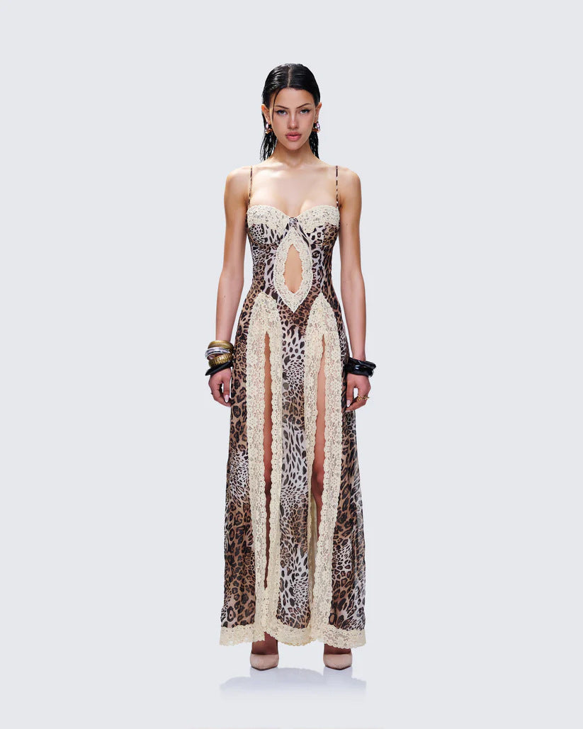 Leopard Print Sling Hot Girl Lace Patchwork Slit Exposed Navel Dress