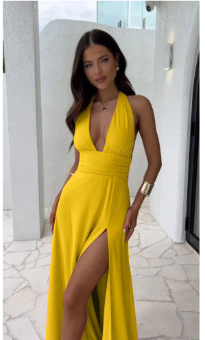 Halterneck V-neck Slit Dress Summer