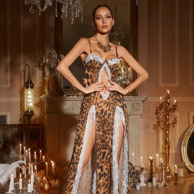 Leopard Print Sling Hot Girl Lace Patchwork Slit Exposed Navel Dress
